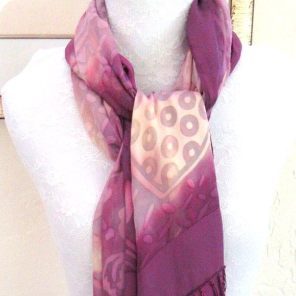 Purple & cream sheer silk & rayon 70" shawl scarf fringed abstract pattern - Picture 2 of 8